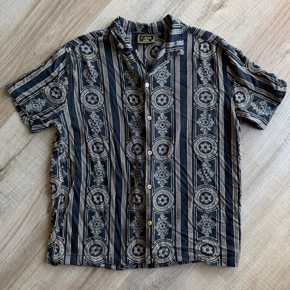 Casa Moda Couture Mens Black Gold Greek Key Medallion Rayon Button Down Shirt M